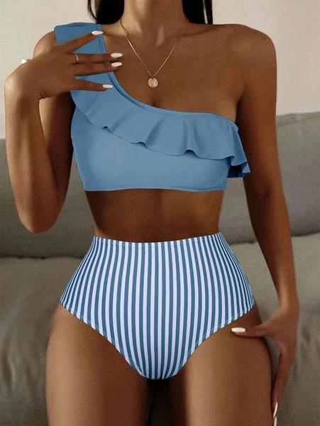 Shein Striped Ruffle One Shoulder High Waisted Bikini Swimsuit