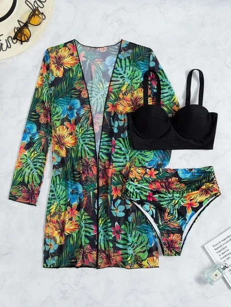 Shein 3pack Tropical Print Push Up High Waisted Bikini Swimsuit & Kimono