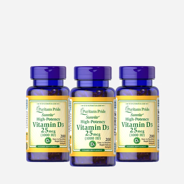 Puritan's Pride Vitamin D3 25mcg (1000 Iu) 200 Softgels, 3 Pack