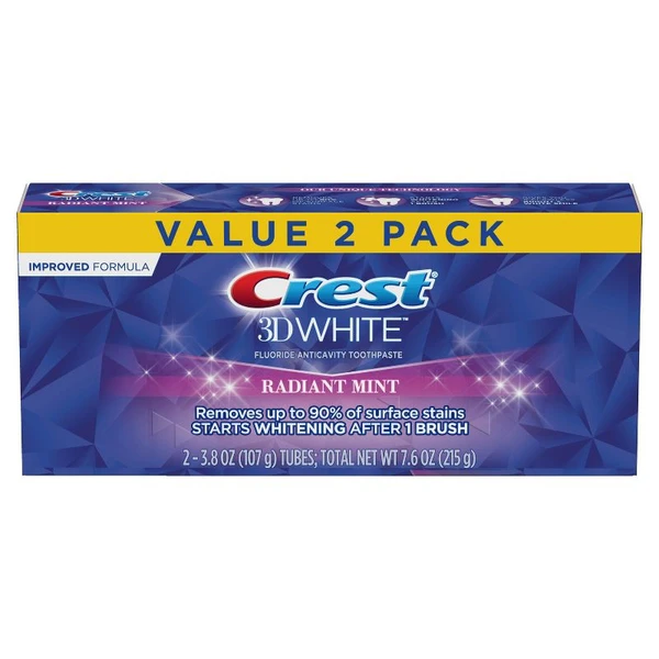 Crest 3d White Whitening Toothpaste, Radiant Mint, 2 Pack