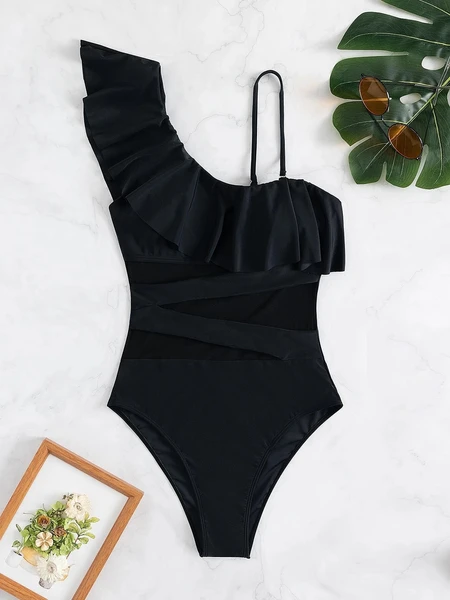 Shein Ruffle Trim Asymmetrical Neck One Piece Swimsuit