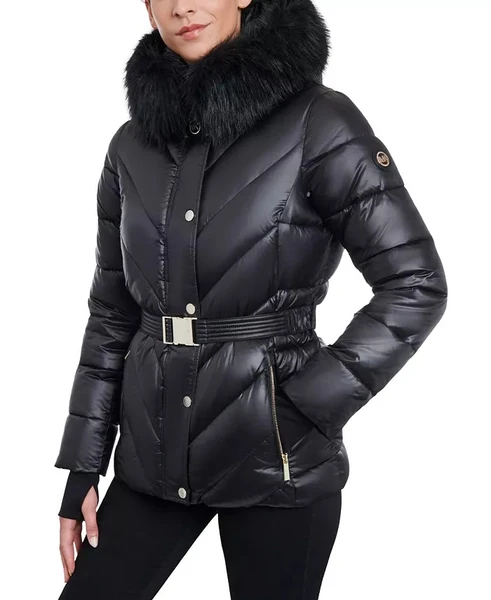 High shine hooded padded coat with faux fur trim hotsell