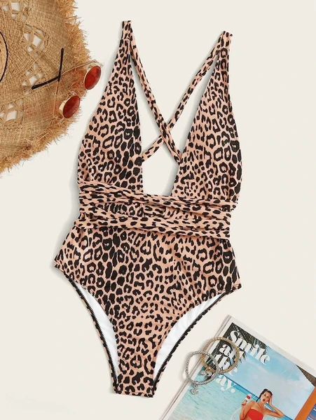 Shein Leopard Criss Cross One Piece Swimsuit