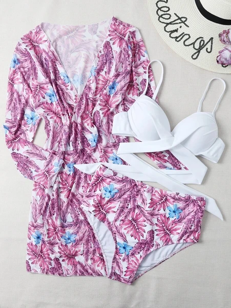 Shein Tropical Push Up Bikini Swimsuit & Kimono