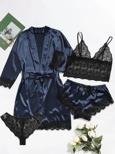 Shein 4pack Floral Lace Lingerie Set With Satin Belted Robe