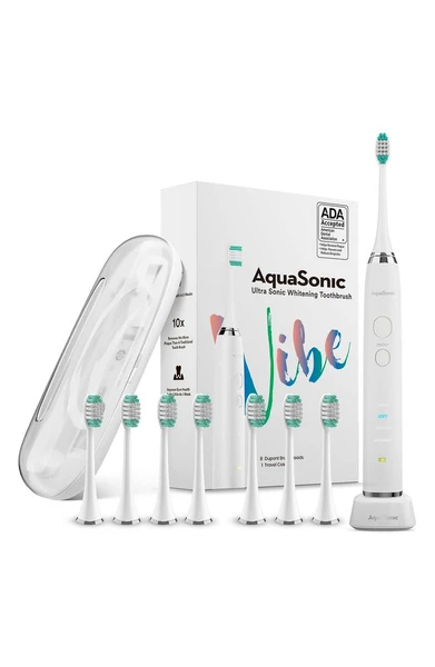 AquaSonic VIBE Series White UltraSonic Whitening Toothbrush with 8 DuPont Brush Heads & Travel Case