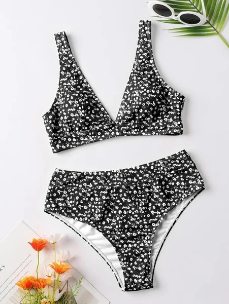 Shein Ditsy Floral High Waisted Bikini Swimsuit